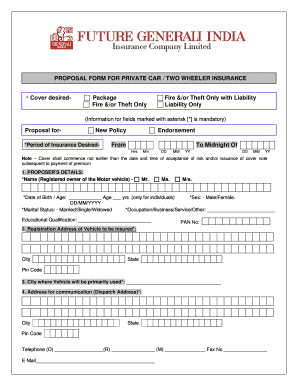Private Car Two Wheeler Insurance Proposal Form