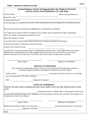 Form 21 Application for Admission to the Bar