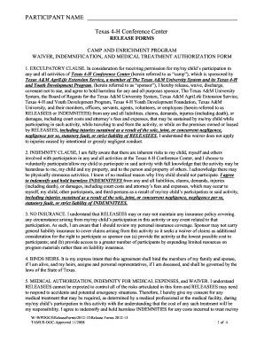 Texas 4-H Conference Center Waiver and Medical Authorization Form