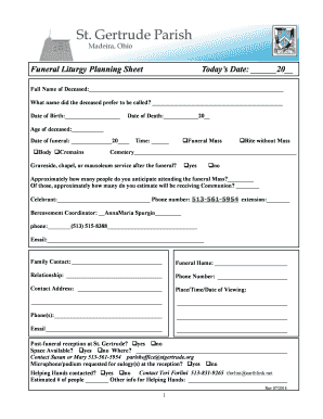 Funeral Liturgy Planning Sheet