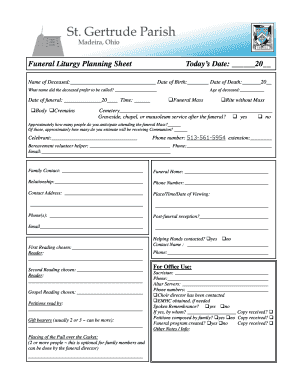 Funeral Liturgy Planning Sheet