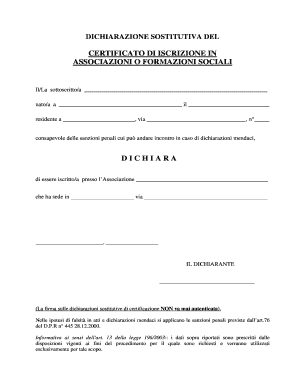 Dichiarazione Sostitutiva del Certificato di Iscrizione in Associazioni o Formazioni Sociali