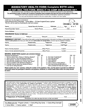 Mandatory Health Form for Camp Attendance