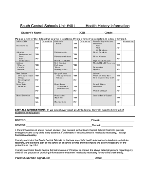 South Central Schools Unit 401 Health History Information - southcentralschools