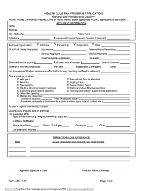 Health Club Insurance Application