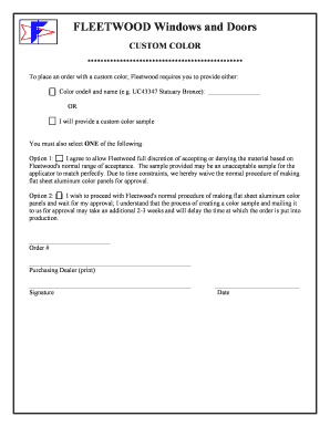 Fleetwood Custom Color Order Form