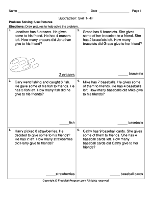 Subtraction Problem Solving Worksheet