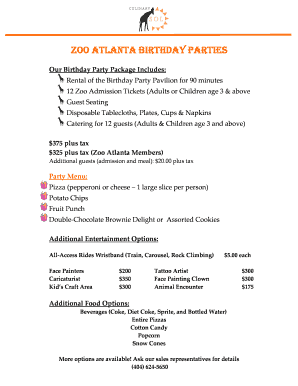 Zoo Atlanta Birthday Party Event Contract