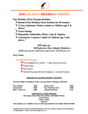 Zoo Atlanta Birthday Party Order Form