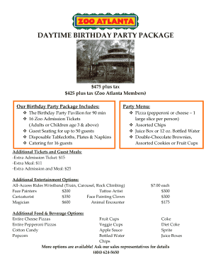 Zoo Atlanta Birthday Party Package Order Form