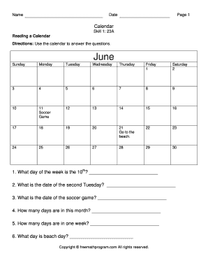 Calendar Reading Worksheet