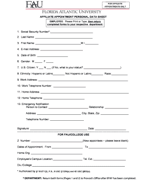 Affiliate Appointment Personal Data Sheet