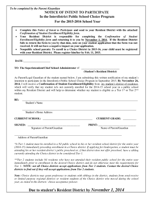 Notice of Intent to Participate in Interdistrict Public School Choice Program