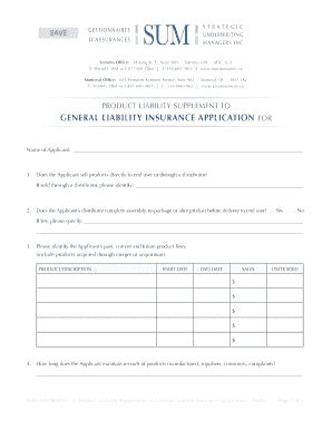Product Liability Supplement to General Liability Insurance Application