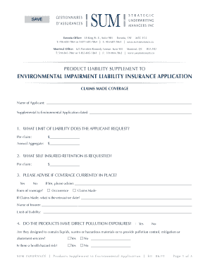 Product Liability Supplement to Environmental Impairment Liability Insurance Application