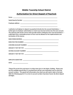 Authorization for Direct Deposit of Paycheck