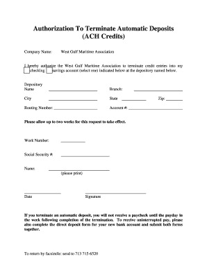 Authorization To Terminate Automatic Deposits
