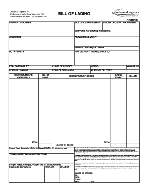 Universal Logistics Inc. Bill of Lading