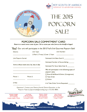 2015 Popcorn Sale Commitment Card