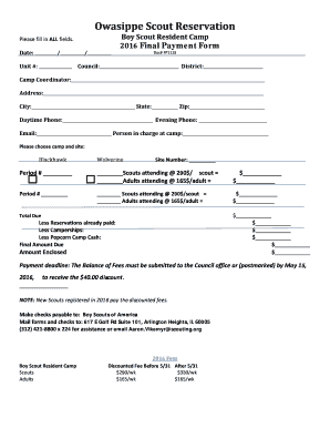 Boy Scout Resident Camp Final Payment Form