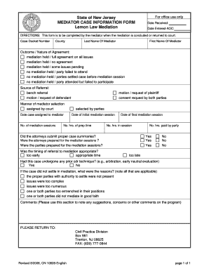 New Jersey Lemon Law Mediation Form