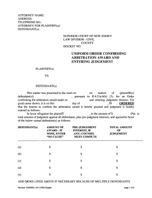 New Jersey Arbitration Award Confirmation Order