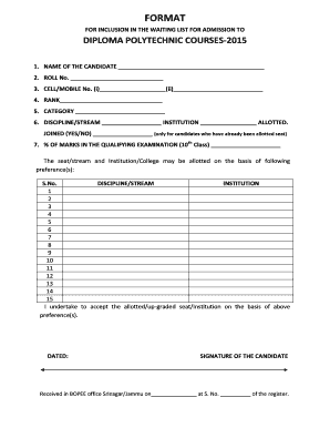 Diploma Polytechnic Admission Waiting List Form