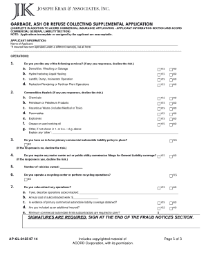 Garbage Collection Insurance Supplemental Application