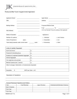 Restaurant/Bar/Tavern Supplemental Application