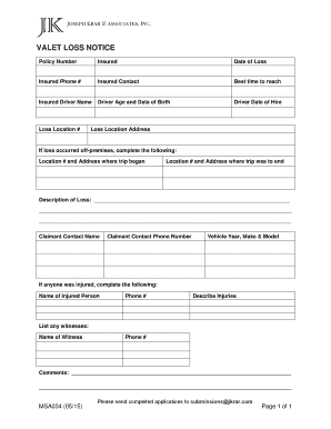 Valet Loss Notice Form