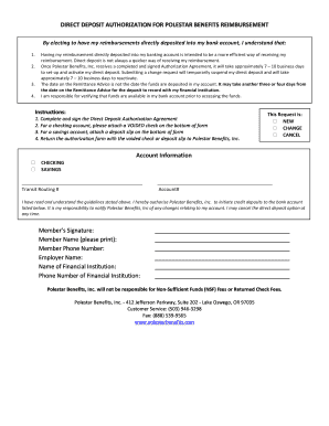 Direct Deposit Authorization for Polestar Benefits Reimbursement