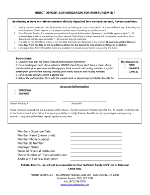 Direct Deposit Authorization for Reimbursement