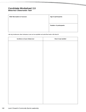Candidate Worksheet for Behaviour Observation