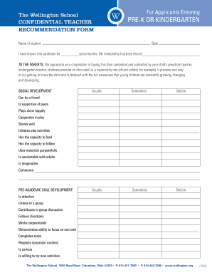 Teacher Recommendation Form for Pre-K or Kindergarten