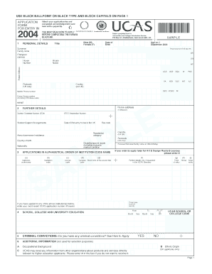 UCAS Application Form for 2004