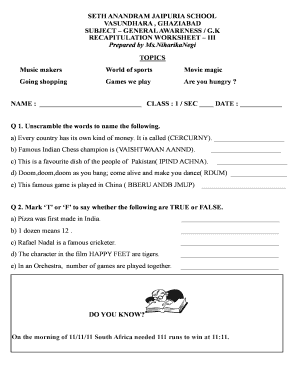 General Awareness Worksheet for Class 1