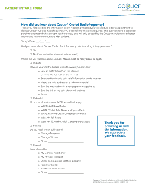 Patient Intake Form for Coolief Cooled Radiofrequency