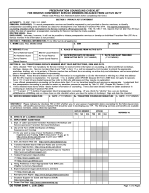 Preseparation Counseling Checklist for Reserve Component Service Members