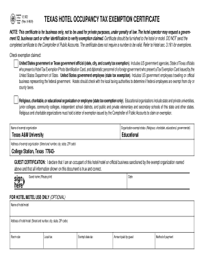 Texas Hotel Occupancy Tax Exemption Certificate