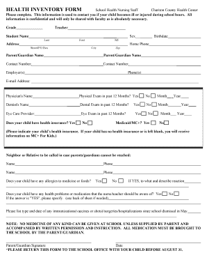 School Health Inventory Form