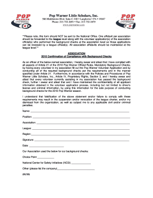2010 Pop Warner Background Check Compliance Affidavit