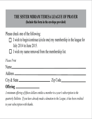 Sister Miriam Teresa League of Prayer Membership Form
