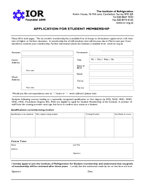 Institute of Refrigeration Student Membership Application