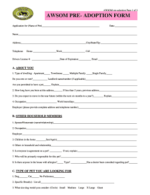 AWSOM Pet Pre-Adoption Form