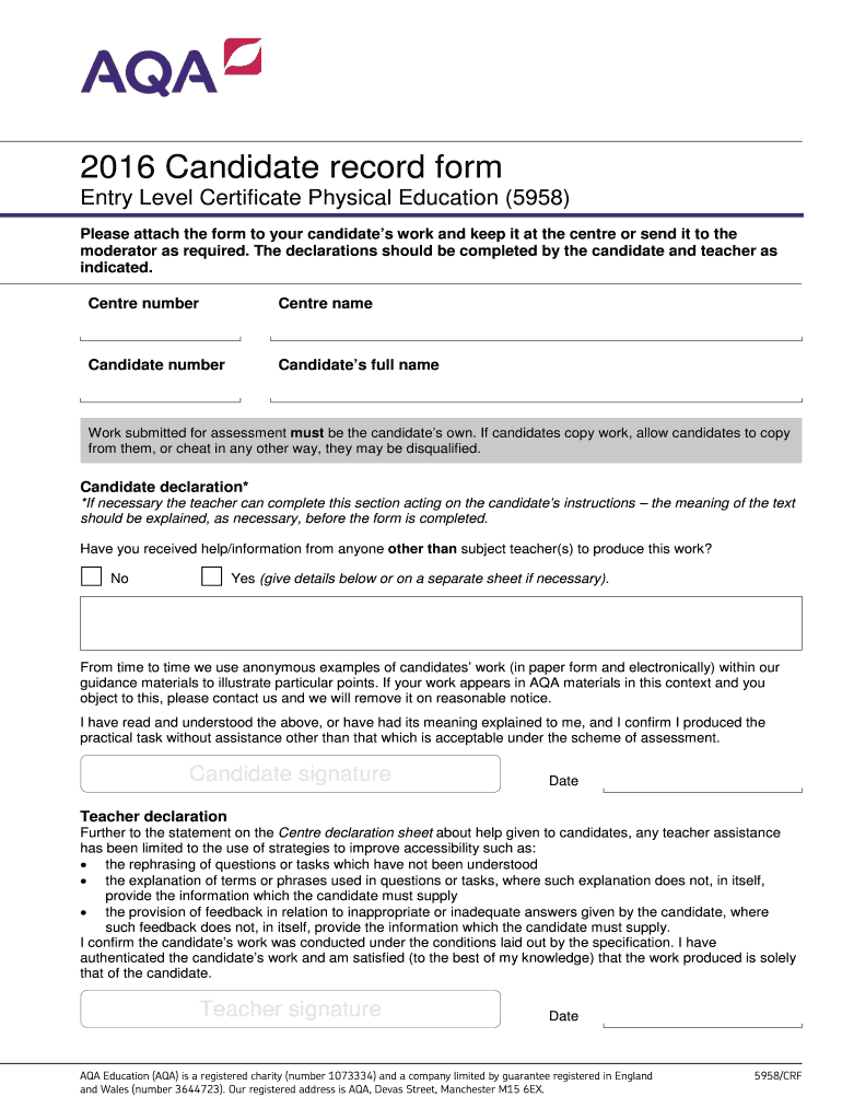 Fillable Online store aqa org ELC Physical Education Candidate record