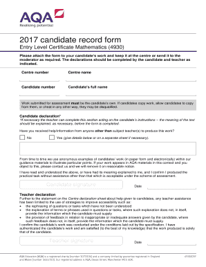 Entry Level Certificate Mathematics Candidate Record Form
