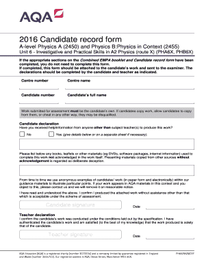 AQA A-Level Physics Candidate Record Form