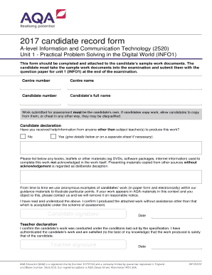 AQA A-Level ICT Candidate Record Form
