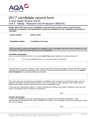 A-Level Media Studies Candidate Record Form