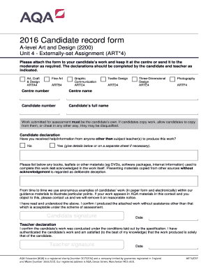 A-Level Art and Design Candidate Record Form